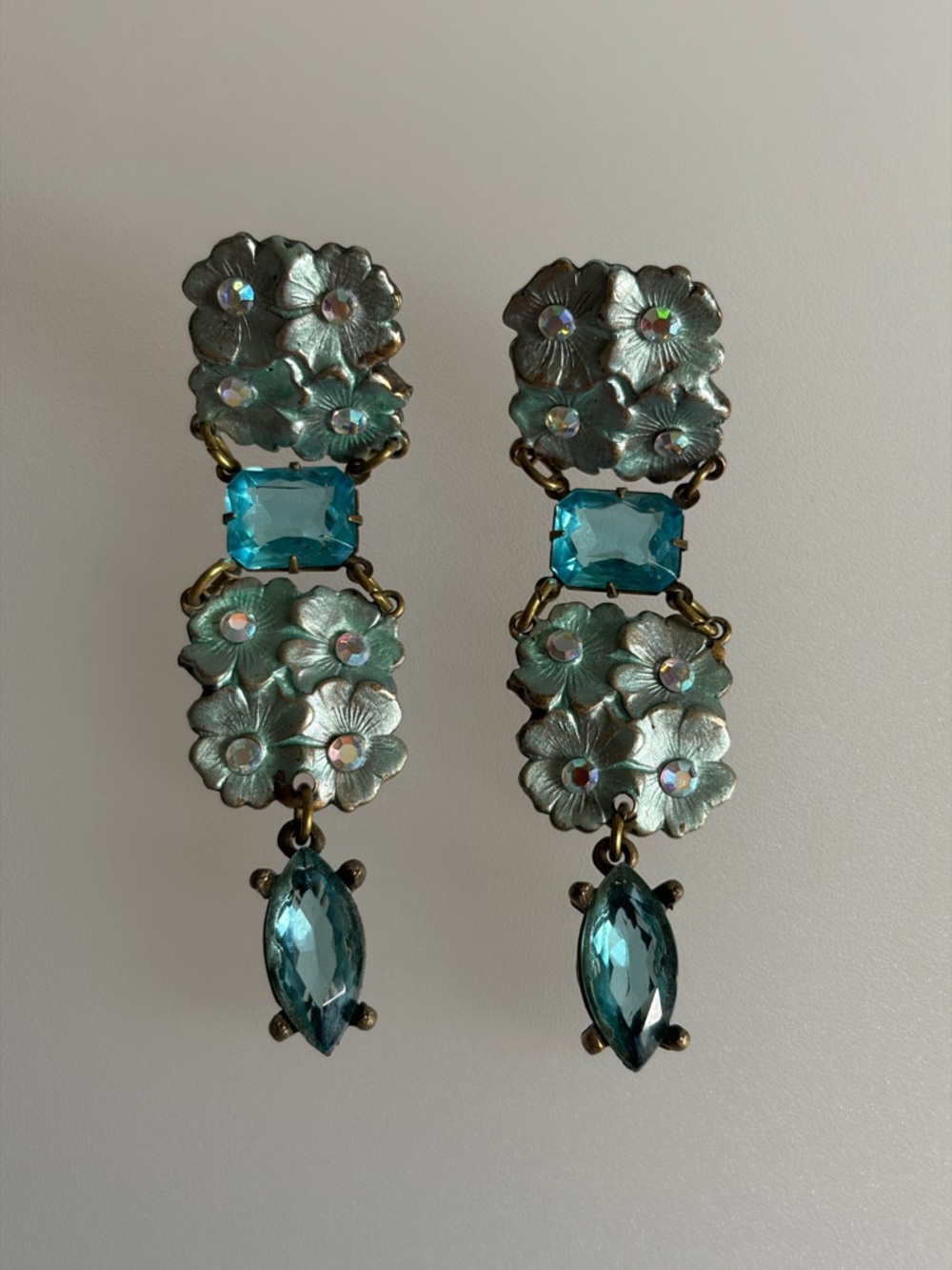 Vintage Floral Statement Earrings ✨ Blue Crystal Dangle – Romantic Boho Chic